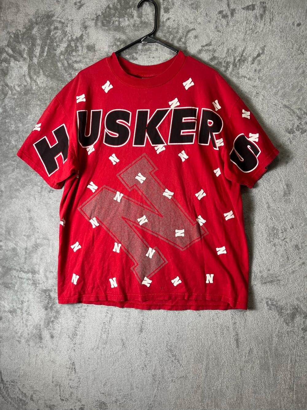 Vintage Nebraska Huskers All Over Print Graphic T Shirt USA Made Red XL NCAA